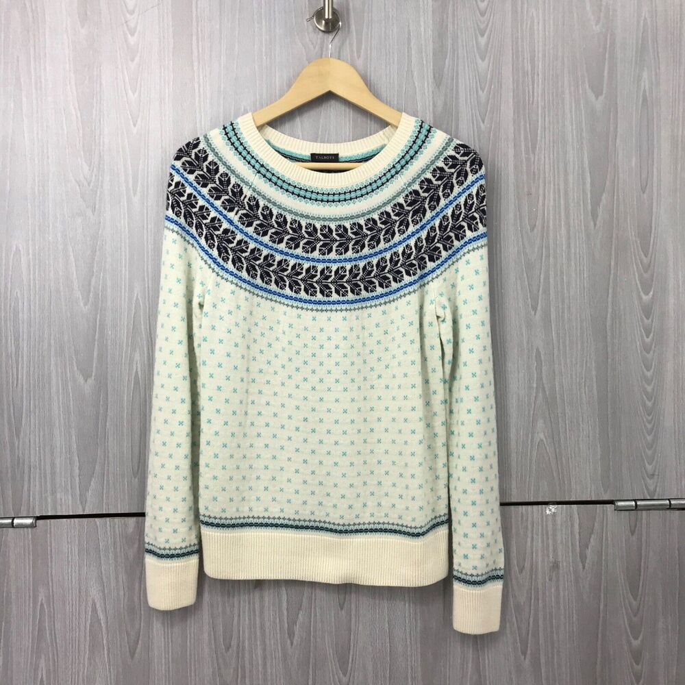 Talbots Cream Crewneck Sweater with Blue Fair Isle Yoke